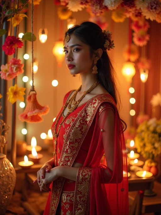 A model standing near a beautifully decorated Diwali backdrop with hanging lights, flowers, and diyas, exuding the festive spirit in a traditional dress.
