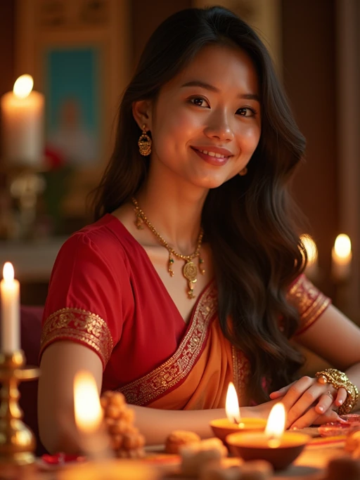 A photo with a model posing around a decorated puja area, with candles, diyas, and traditional Indian sweets on display.