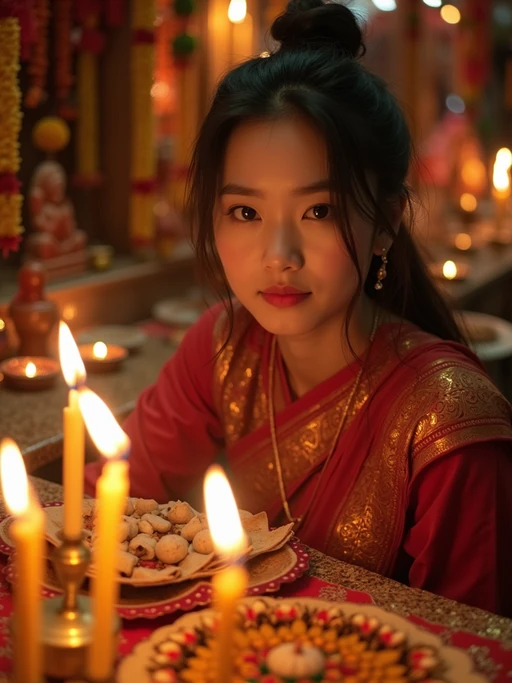 A photo with a model posing around a decorated puja area, with candles, diyas, and traditional Indian sweets on display.