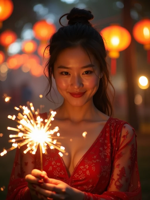 A model lighting sparklers outdoors in a vibrant setting with Diwali decorations like string lights and lanterns.