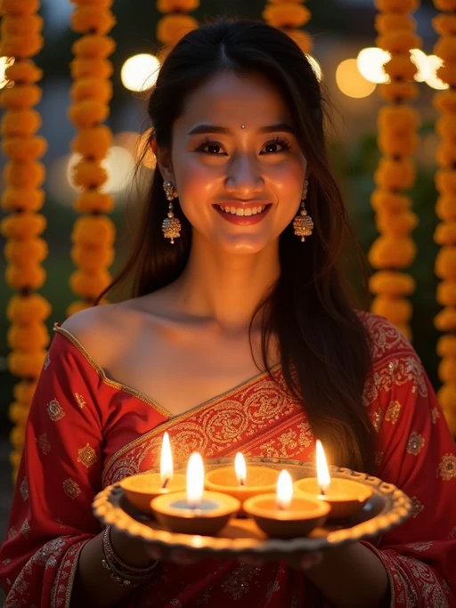 A model holding a thali (plate) with diyas, wearing ethnic attire, and smiling against a backdrop of decorative lights and marigold garlands.