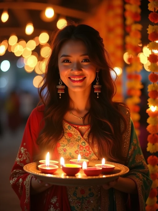 A model holding a thali (plate) with diyas, wearing ethnic attire, and smiling against a backdrop of decorative lights and marigold garlands.