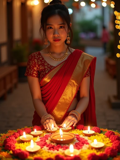A model wearing a traditional Indian outfit like a sari or kurta, standing beside a rangoli made of colorful flowers and lit diyas, with a festive backdrop.