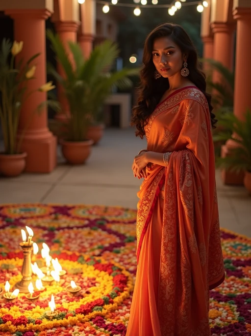 A model wearing a traditional Indian outfit like a sari or kurta, standing beside a rangoli made of colorful flowers and lit diyas, with a festive backdrop.