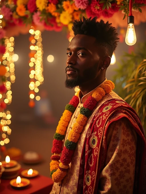 A model standing near a beautifully decorated Diwali backdrop with hanging lights, flowers, and diyas, exuding the festive spirit in a traditional dress.