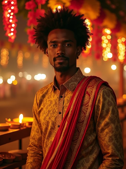 A model standing near a beautifully decorated Diwali backdrop with hanging lights, flowers, and diyas, exuding the festive spirit in a traditional dress.