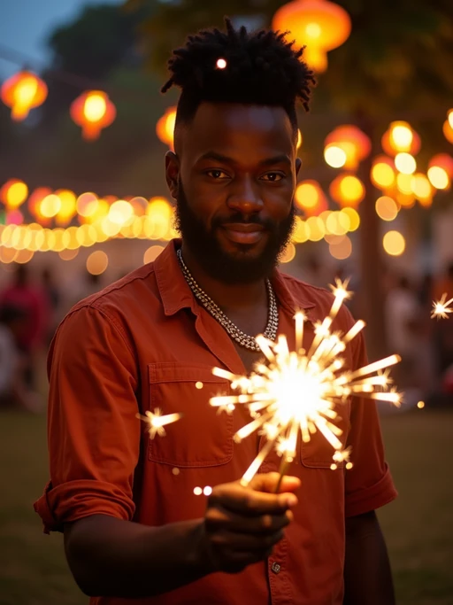 A model lighting sparklers outdoors in a vibrant setting with Diwali decorations like string lights and lanterns.