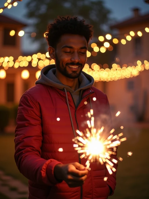 A model lighting sparklers outdoors in a vibrant setting with Diwali decorations like string lights and lanterns.