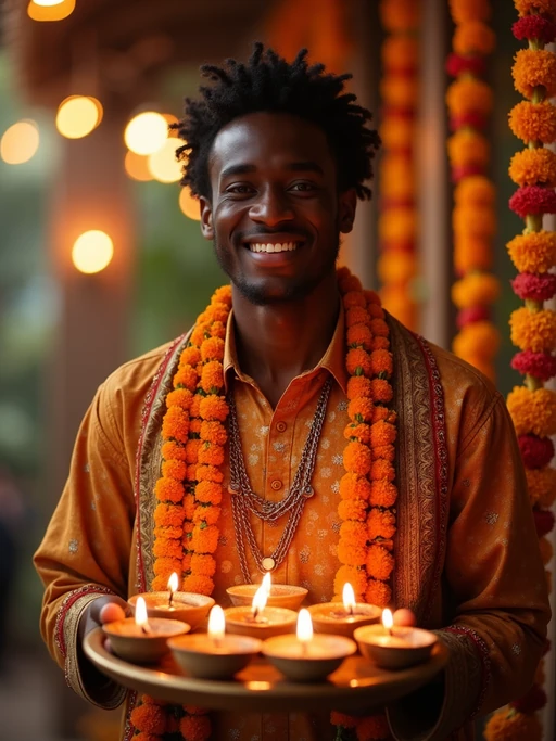 A model holding a thali (plate) with diyas, wearing ethnic attire, and smiling against a backdrop of decorative lights and marigold garlands.