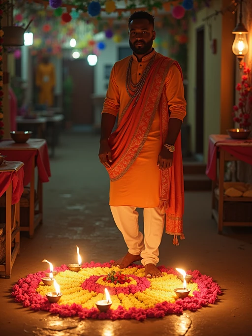 A model wearing a traditional Indian outfit like a sari or kurta, standing beside a rangoli made of colorful flowers and lit diyas, with a festive backdrop.