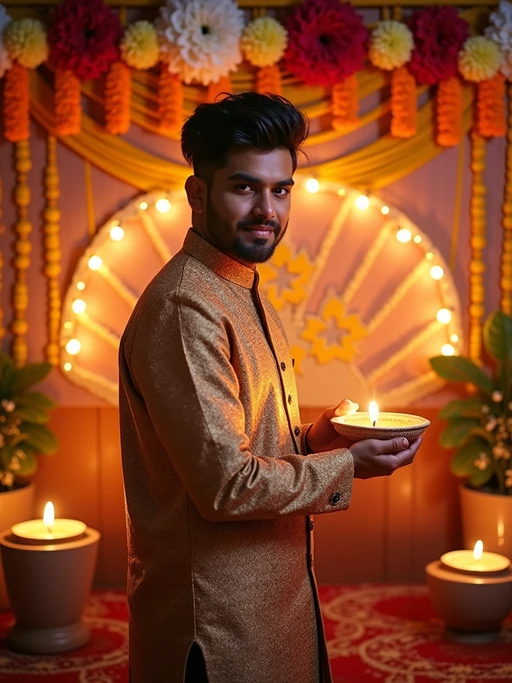 A model standing near a beautifully decorated Diwali backdrop with hanging lights, flowers, and diyas, exuding the festive spirit in a traditional dress.