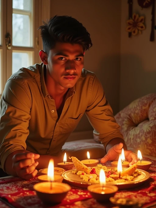 A photo with a model posing around a decorated puja area, with candles, diyas, and traditional Indian sweets on display.