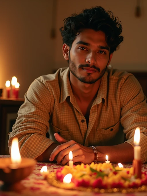 A photo with a model posing around a decorated puja area, with candles, diyas, and traditional Indian sweets on display.