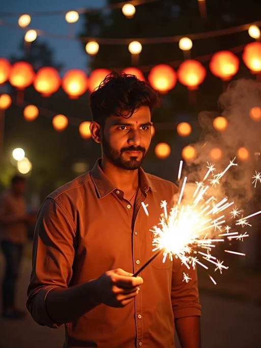 A model lighting sparklers outdoors in a vibrant setting with Diwali decorations like string lights and lanterns.
