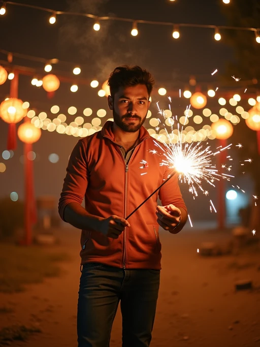 A model lighting sparklers outdoors in a vibrant setting with Diwali decorations like string lights and lanterns.