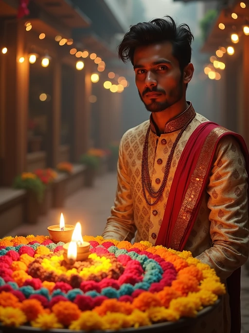 A model wearing a traditional Indian outfit like a sari or kurta, standing beside a rangoli made of colorful flowers and lit diyas, with a festive backdrop.