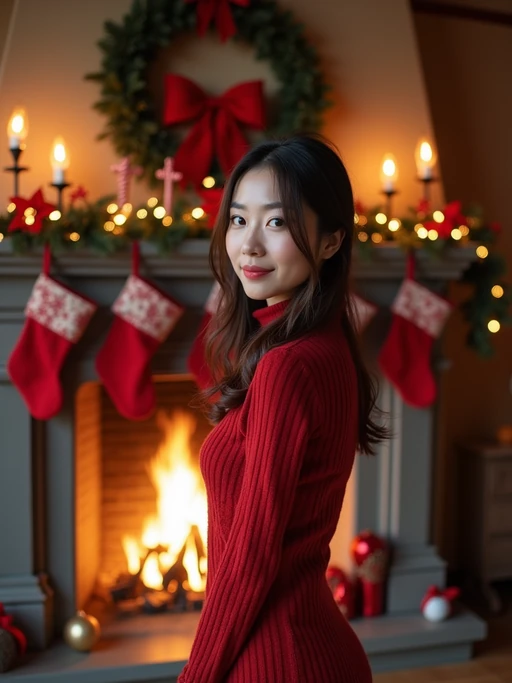 a model posing for a christmas card photo, standing in front of a fireplace with stockings, garland, and holiday decorations.
