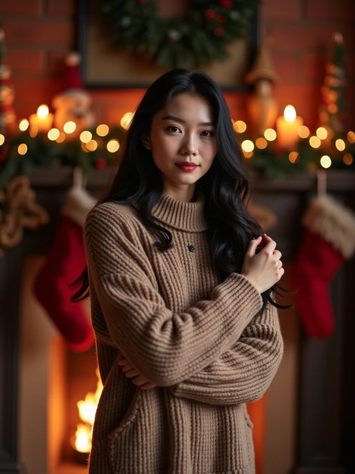 a model posing for a christmas card photo, standing in front of a fireplace with stockings, garland, and holiday decorations.