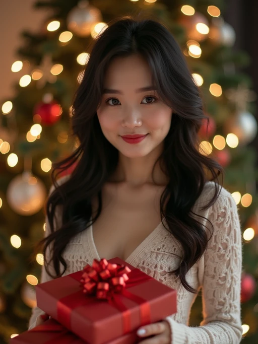 a model posing in front of a christmas tree, holding presents, with snowflakes and festive lights in the background.