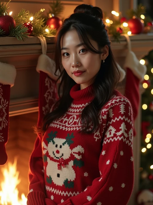 a model wearing a cozy christmas sweater, standing by the fireplace with stockings and holiday decorations.