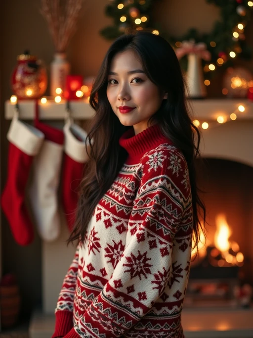 a model wearing a cozy christmas sweater, standing by the fireplace with stockings and holiday decorations.