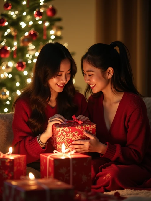 a model sitting together by a decorated christmas tree, exchanging gifts with festive lights and ornaments in the background.