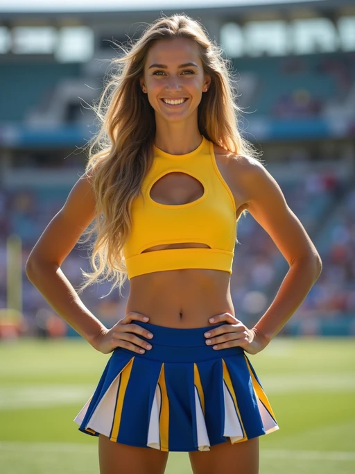 front view of model smiling directly at camera. the model wears a yellow cheerleading outfit featuring a crop top matching blue and white pleated skirt. the top has a cut-out design below the bust. dynamic and energetic pose, stadium background, vibrant lighting