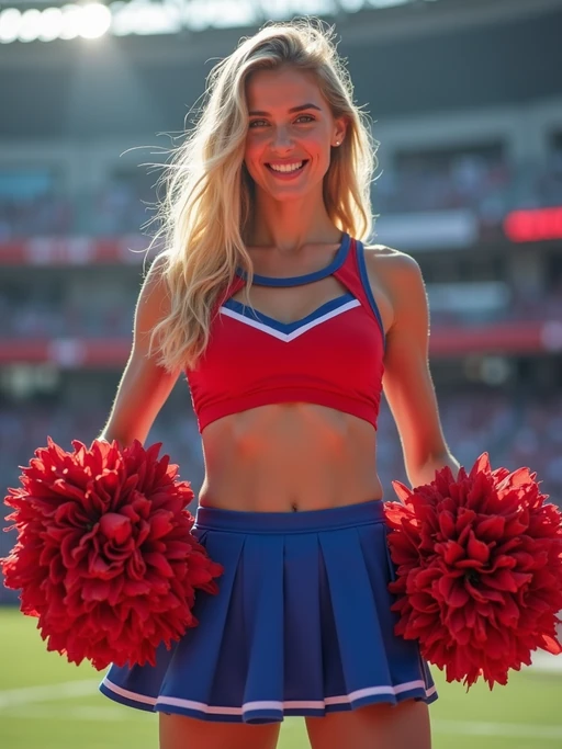front view of model smiling directly at camera. the model wears a red cheerleading outfit featuring a crop top matching blue and white pleated skirt. the top has a cut-out design below the bust. dynamic and energetic pose, stadium background, vibrant lighting