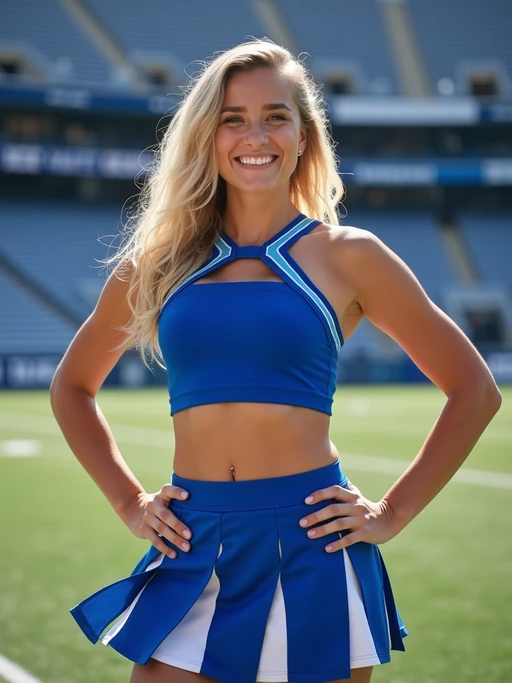 Front view of model smiling directly at camera. The model wears a blue cheerleading outfit featuring a crop top matching blue and white pleated skirt. The top has a cut-out design below the bust. dynamic and energetic pose, stadium background, vibrant lighting