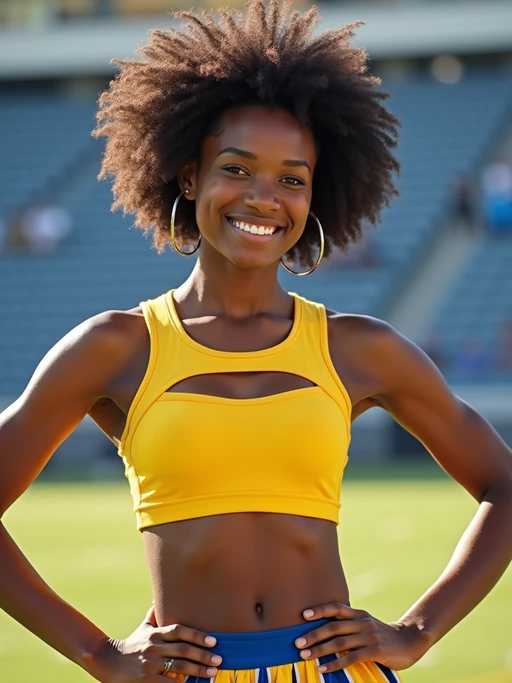 front view of model smiling directly at camera. the model wears a yellow cheerleading outfit featuring a crop top matching blue and white pleated skirt. the top has a cut-out design below the bust. dynamic and energetic pose, stadium background, vibrant lighting