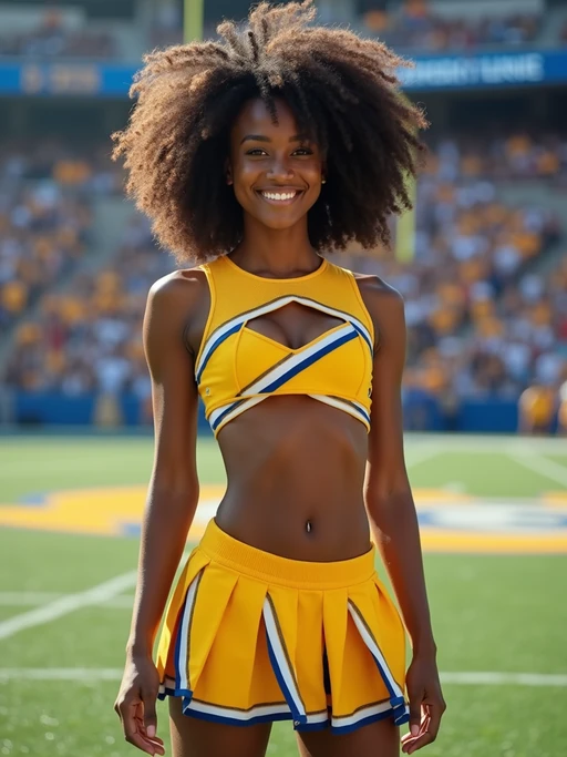 front view of model smiling directly at camera. the model wears a yellow cheerleading outfit featuring a crop top matching blue and white pleated skirt. the top has a cut-out design below the bust. dynamic and energetic pose, stadium background, vibrant lighting