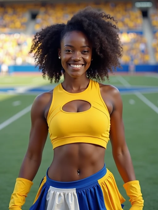 front view of model smiling directly at camera. the model wears a yellow cheerleading outfit featuring a crop top matching blue and white pleated skirt. the top has a cut-out design below the bust. dynamic and energetic pose, stadium background, vibrant lighting