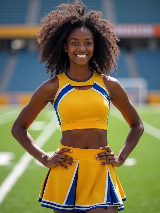 front view of model smiling directly at camera. the model wears a yellow cheerleading outfit featuring a crop top matching blue and white pleated skirt. the top has a cut-out design below the bust. dynamic and energetic pose, stadium background, vibrant lighting