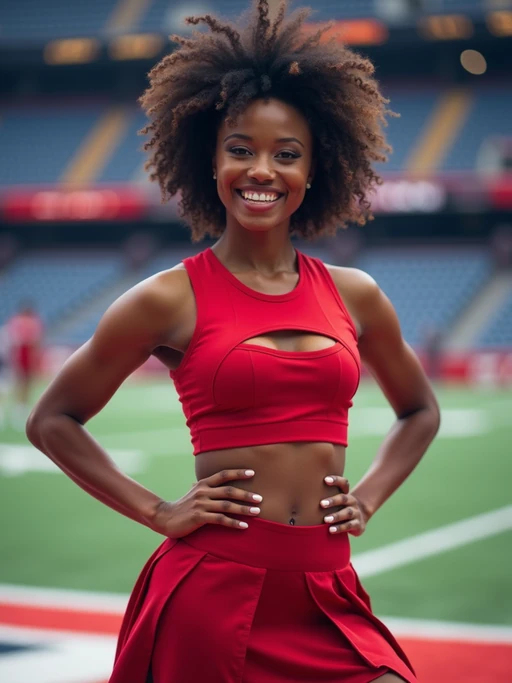 front view of model smiling directly at camera. the model wears a red cheerleading outfit featuring a crop top matching blue and white pleated skirt. the top has a cut-out design below the bust. dynamic and energetic pose, stadium background, vibrant lighting