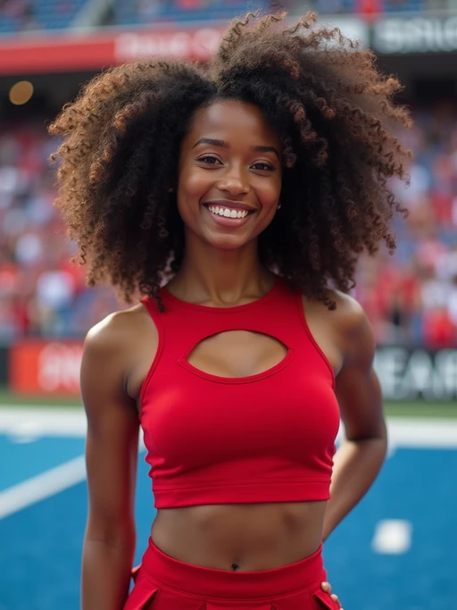 front view of model smiling directly at camera. the model wears a red cheerleading outfit featuring a crop top matching blue and white pleated skirt. the top has a cut-out design below the bust. dynamic and energetic pose, stadium background, vibrant lighting