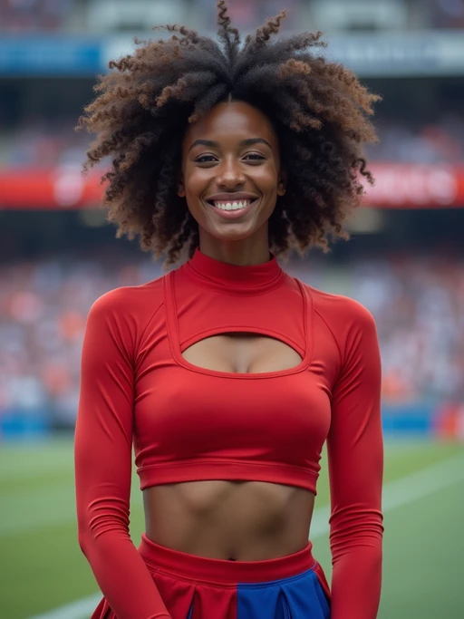 front view of model smiling directly at camera. the model wears a red cheerleading outfit featuring a crop top matching blue and white pleated skirt. the top has a cut-out design below the bust. dynamic and energetic pose, stadium background, vibrant lighting