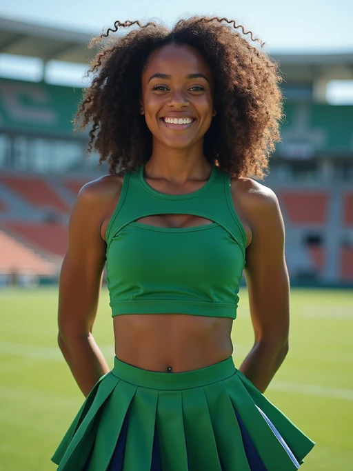 front view of model smiling directly at camera. the model wears a green cheerleading outfit featuring a crop top matching blue and white pleated skirt. the top has a cut-out design below the bust. dynamic and energetic pose, stadium background, vibrant lighting
