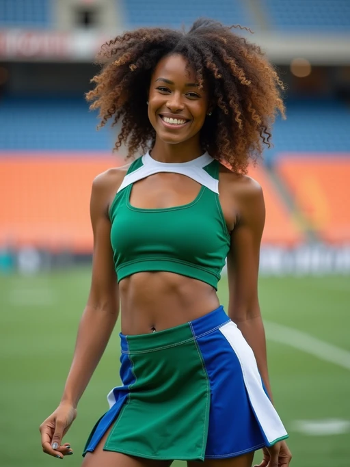 front view of model smiling directly at camera. the model wears a green cheerleading outfit featuring a crop top matching blue and white pleated skirt. the top has a cut-out design below the bust. dynamic and energetic pose, stadium background, vibrant lighting