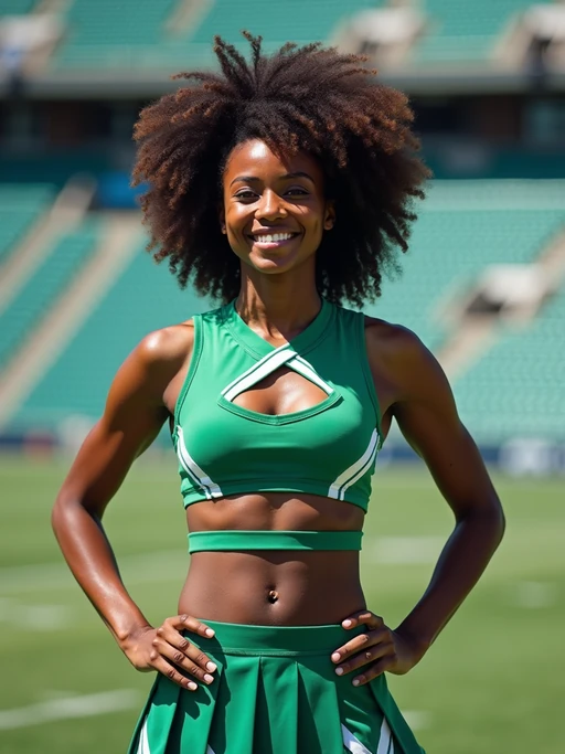 front view of model smiling directly at camera. the model wears a green cheerleading outfit featuring a crop top matching blue and white pleated skirt. the top has a cut-out design below the bust. dynamic and energetic pose, stadium background, vibrant lighting