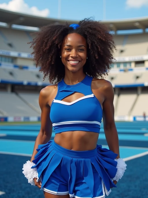 Front view of model smiling directly at camera. The model wears a blue cheerleading outfit featuring a crop top matching blue and white pleated skirt. The top has a cut-out design below the bust. dynamic and energetic pose, stadium background, vibrant lighting