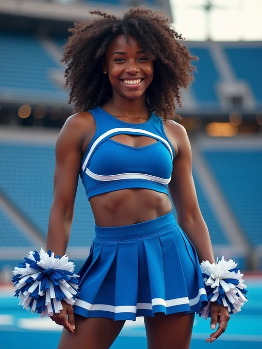 Front view of model smiling directly at camera. The model wears a blue cheerleading outfit featuring a crop top matching blue and white pleated skirt. The top has a cut-out design below the bust. dynamic and energetic pose, stadium background, vibrant lighting