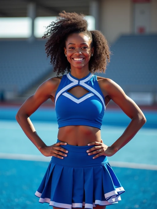 Front view of model smiling directly at camera. The model wears a blue cheerleading outfit featuring a crop top matching blue and white pleated skirt. The top has a cut-out design below the bust. dynamic and energetic pose, stadium background, vibrant lighting