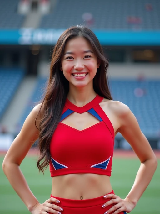 front view of model smiling directly at camera. the model wears a red cheerleading outfit featuring a crop top matching blue and white pleated skirt. the top has a cut-out design below the bust. dynamic and energetic pose, stadium background, vibrant lighting