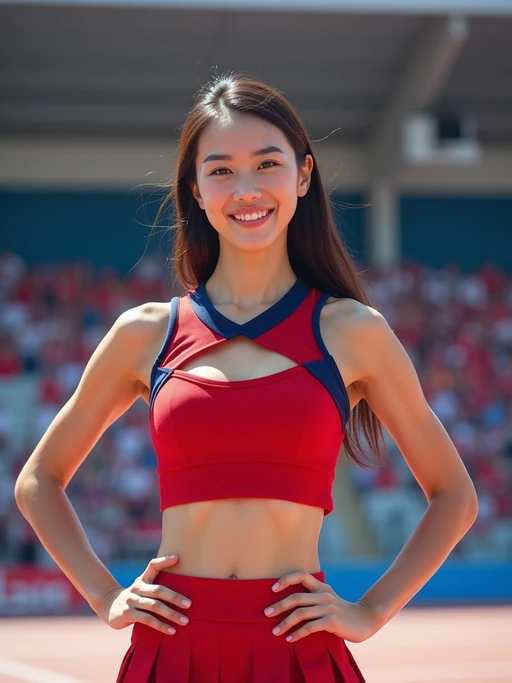 front view of model smiling directly at camera. the model wears a red cheerleading outfit featuring a crop top matching blue and white pleated skirt. the top has a cut-out design below the bust. dynamic and energetic pose, stadium background, vibrant lighting