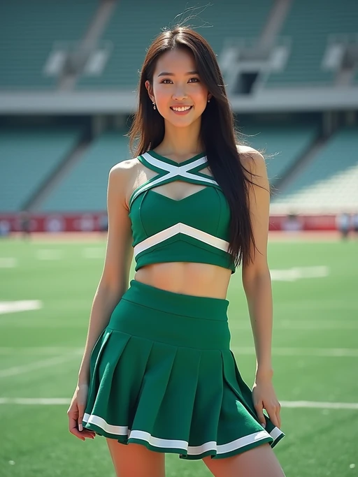 front view of model smiling directly at camera. the model wears a green cheerleading outfit featuring a crop top matching blue and white pleated skirt. the top has a cut-out design below the bust. dynamic and energetic pose, stadium background, vibrant lighting