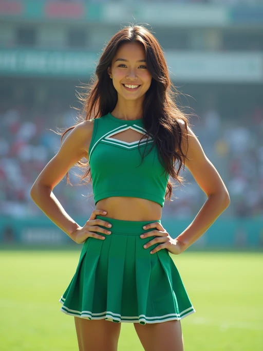 front view of model smiling directly at camera. the model wears a green cheerleading outfit featuring a crop top matching blue and white pleated skirt. the top has a cut-out design below the bust. dynamic and energetic pose, stadium background, vibrant lighting