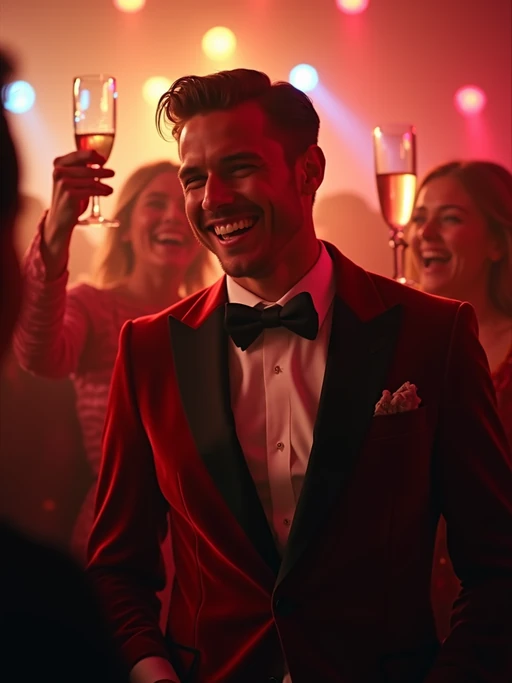 Candid view of model laughing joyfully, dressed as if(gender=f){a glamorous diva in a sparkling silver dress with bold makeup} if(gender=m){a suave gentleman in a tailored velvet blazer with a bow tie}. Set in a vibrant party scene, surrounded by people cheering and raising champagne glasses. Dynamic lighting.