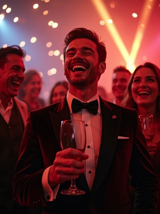 Candid view of model laughing joyfully, dressed as if(gender=f){a glamorous diva in a sparkling silver dress with bold makeup} if(gender=m){a suave gentleman in a tailored velvet blazer with a bow tie}. Set in a vibrant party scene, surrounded by people cheering and raising champagne glasses. Dynamic lighting.
