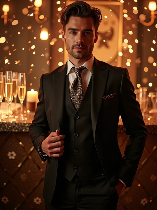 Model posing confidently, wearing if(gender=f){a glamorous gold evening dress with a thigh-high slit and elegant jewelry} if(gender=m){a classy three-piece suit with a patterned tie and cufflinks}. Surrounded by champagne glasses and confetti in a luxurious New Year’s Eve party setting. Vibrant lighting.