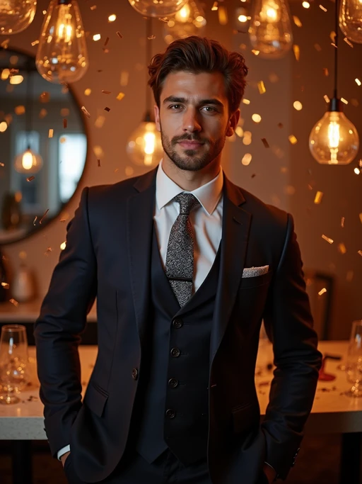 Model posing confidently, wearing if(gender=f){a glamorous gold evening dress with a thigh-high slit and elegant jewelry} if(gender=m){a classy three-piece suit with a patterned tie and cufflinks}. Surrounded by champagne glasses and confetti in a luxurious New Year’s Eve party setting. Vibrant lighting.